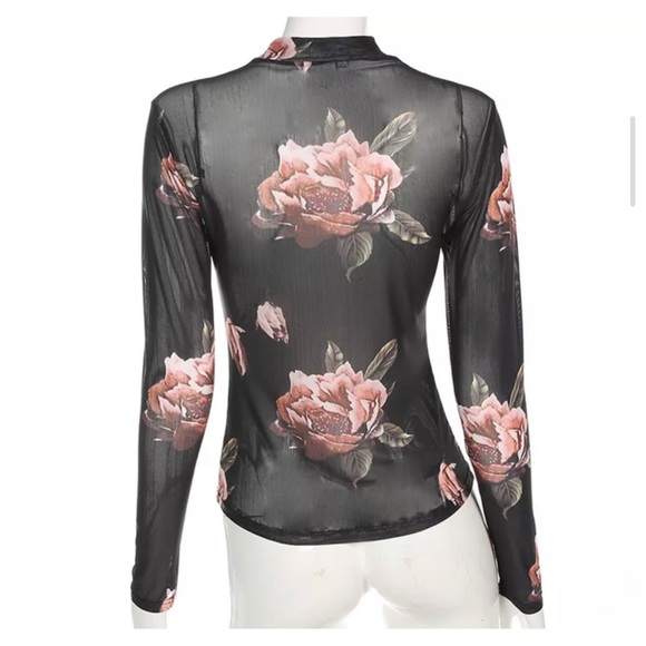 Silky Soft Floral Sheer Mesh Long Sleeve Top Black & Pink - Picture 6 of 12